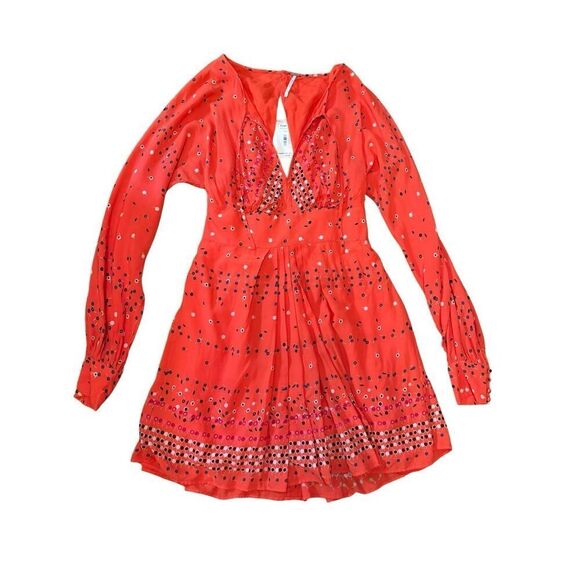 NEW Free People Coryn Coral Orange Print Long Sleeve Dress red combo sz 6 - Picture 1 of 16